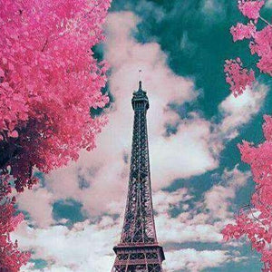 Pariser Eiffelturm mit rosa Bäumen Diamond Painting Motiv