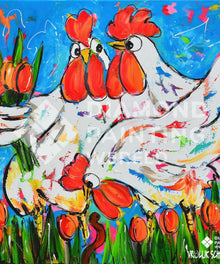 Zwei Hühner mit Tulpen - Diamond Painting Motiv