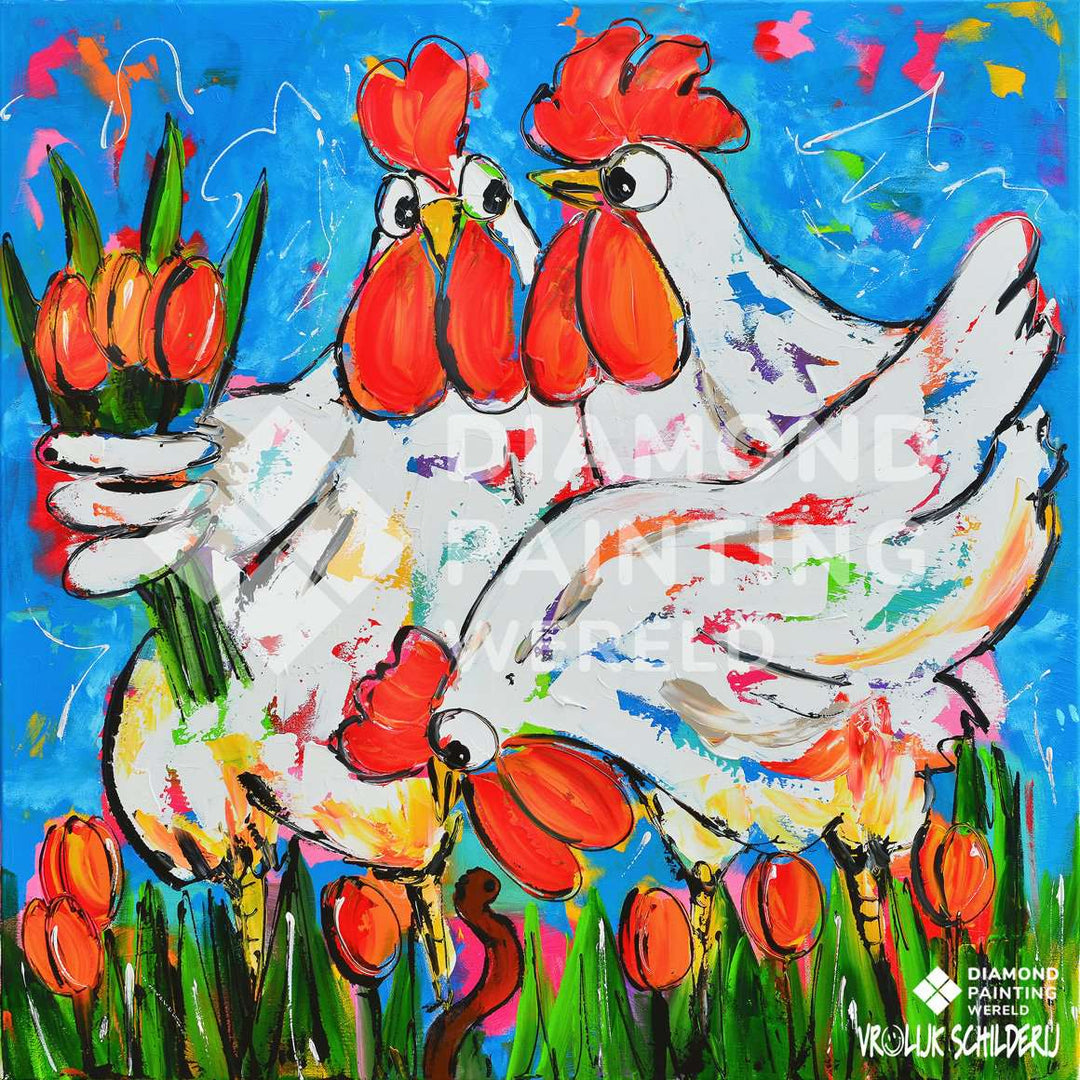 Zwei Hühner mit Tulpen - Diamond Painting Motiv