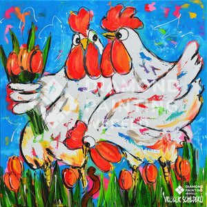 Zwei Hühner mit Tulpen | Exklusiv bei Diamond Painting World