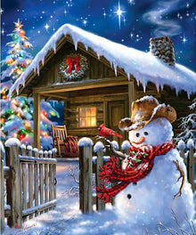 Winterhaus mit Schneemann Diamond Painting
