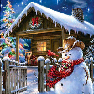 Winterhaus mit Schneemann Diamond Painting