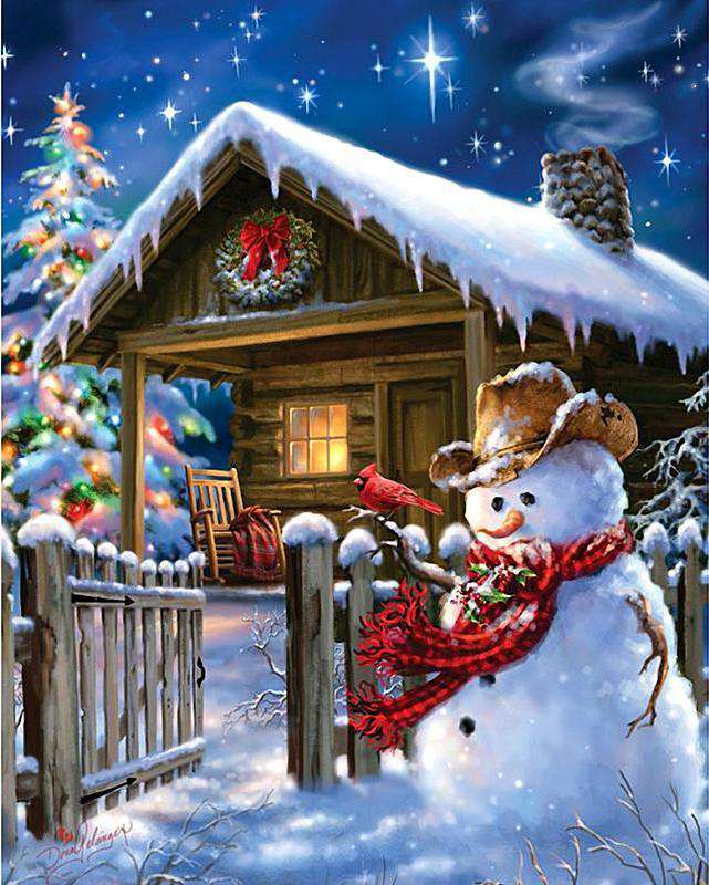 Winterhaus mit Schneemann Diamond Painting