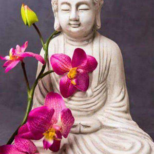 Buddha Statue mit Orchideen Diamond Painting