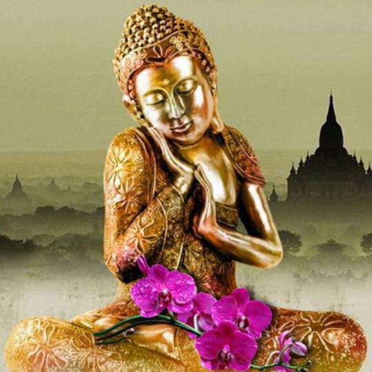 Buddha mit lila Blumen Diamond Painting