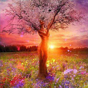 Blühender Baum Sonnenuntergang Diamond Painting