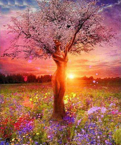 Blühender Baum Sonnenuntergang Diamond Painting