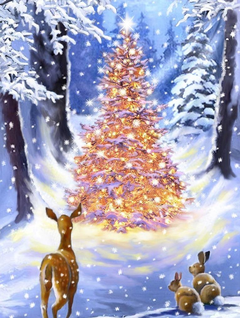 Baum mit Lichtern im Wald Diamond Painting