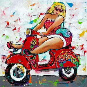 Dame auf rotem Roller Diamond Painting