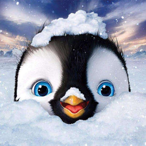 Pinguin im Schnee Diamond Painting mit blauen Augen