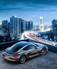 Sportwagen vor Stadtskyline - Diamond Painting Fahrzeugmotiv