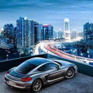 Sportwagen vor Stadtskyline - Diamond Painting Fahrzeugmotiv