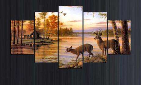 Hirsch am See Pentaptychon Diamond Painting mit fünf Teilen