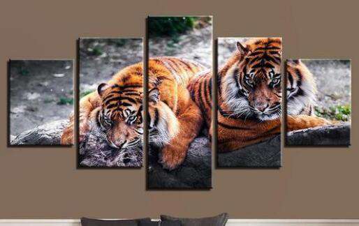 Tiger auf Baumstamm - 5-teiliges Diamond Painting Pentaptychon
