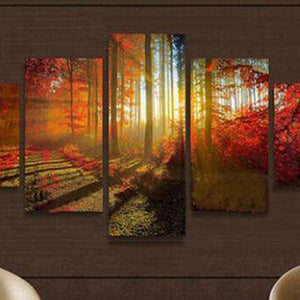 Sonnenstrahlen durch den Wald Pentaptychon - Diamond Painting Waldmotiv