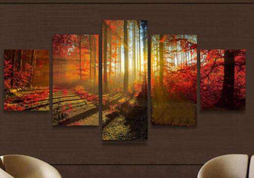 Sonnenstrahlen durch den Wald Pentaptychon - Diamond Painting Waldmotiv
