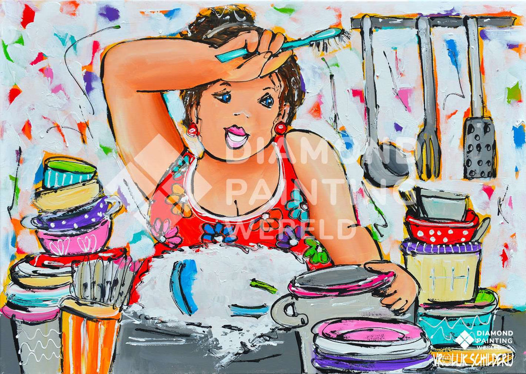 Fette Dame beim Abwasch | Exklusiv - Edition - Diamond Painting Motiv
