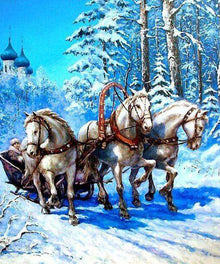 Drei Pferde im Schnee Diamond Painting mit Pferdegespann