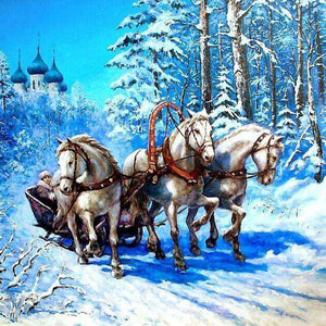 Drei Pferde im Schnee Diamond Painting mit Pferdegespann