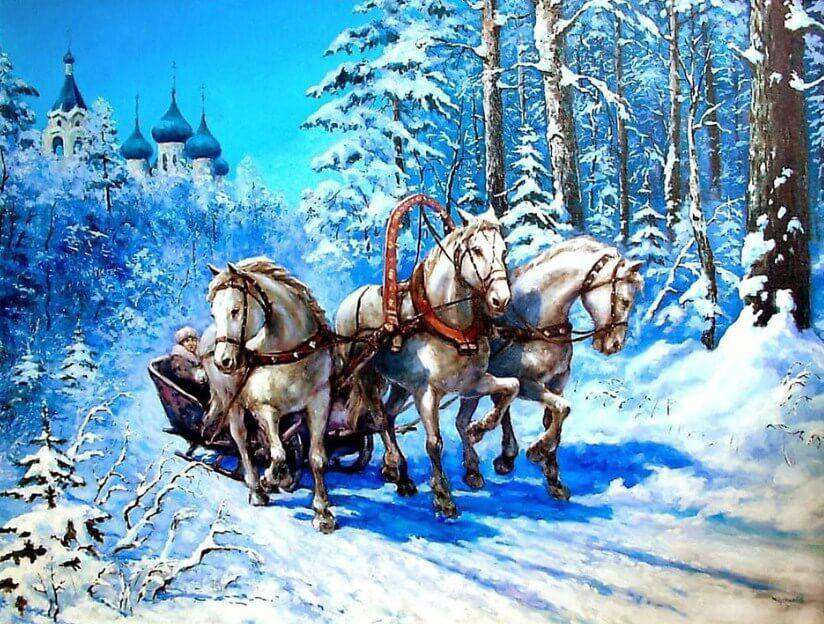 Drei Pferde im Schnee Diamond Painting mit Pferdegespann