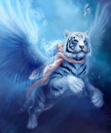 Elfe und weißer Tiger Diamond Painting in Blau