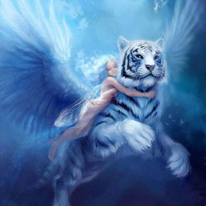 Elfe und weißer Tiger Diamond Painting in Blau