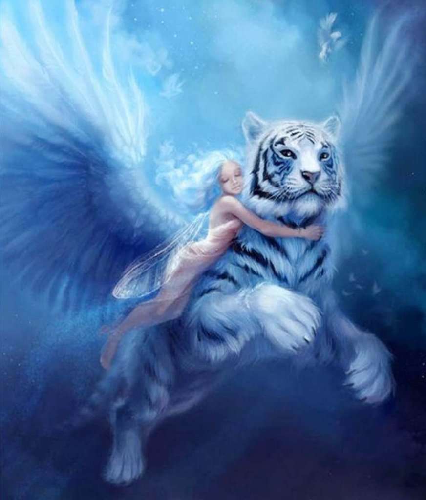 Elfe und weißer Tiger Diamond Painting in Blau