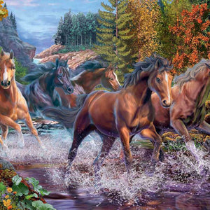 Galoppierende Pferde im Fluss Diamond Painting Motiv