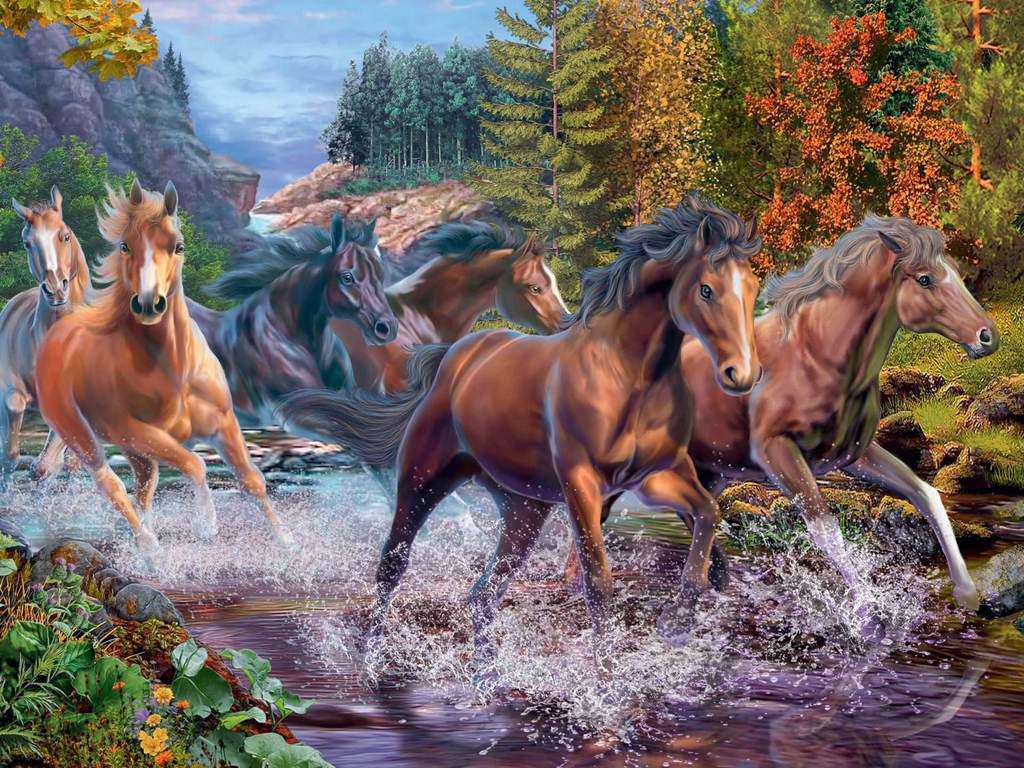 Galoppierende Pferde im Fluss Diamond Painting Motiv