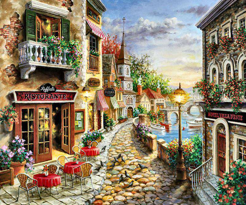 Fiktive Stadt Diamond Painting mit Gasse und Kanal