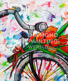Fahrrad und Tulpen Diamond Painting mit roten Blumen