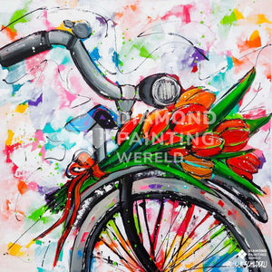 Fahrrad und Tulpen Diamond Painting mit roten Blumen