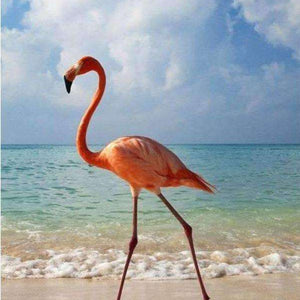Flamingo am Strand Diamond Painting mit türkisblauem Meer