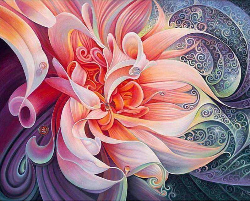 Abstrakte Blüte Diamond Painting mit geschwungenen Blättern