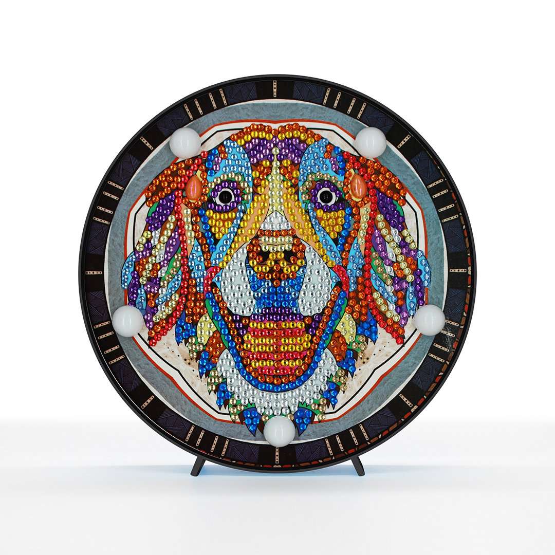 Runde Happy Dog Diamond Painting Lampe mit buntem Hundemotiv