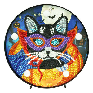 Runde Maskierte Katze Diamond Painting Lampe mit Halloween-Motiv