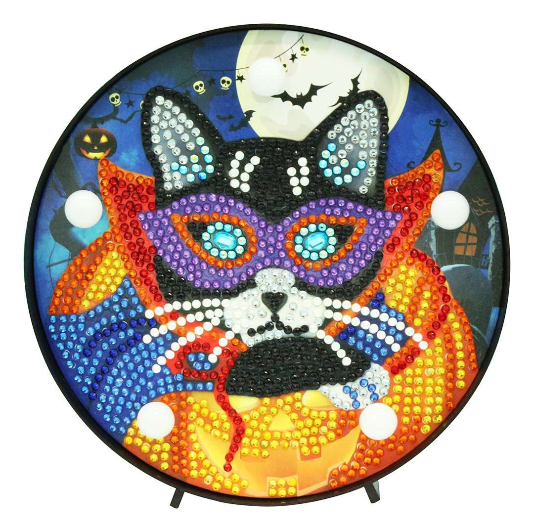 Runde Maskierte Katze Diamond Painting Lampe mit Halloween-Motiv