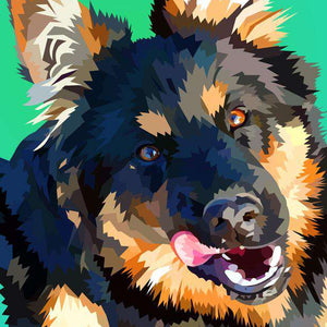 Lustiger Schäferhund Diamond Painting mit grünem Hintergrund