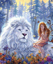 Weißer Löwe mit Fee Diamond Painting im Fantasy-Wald