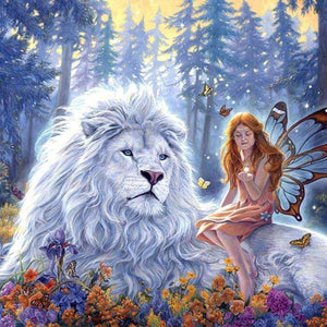 Weißer Löwe mit Fee Diamond Painting im Fantasy-Wald