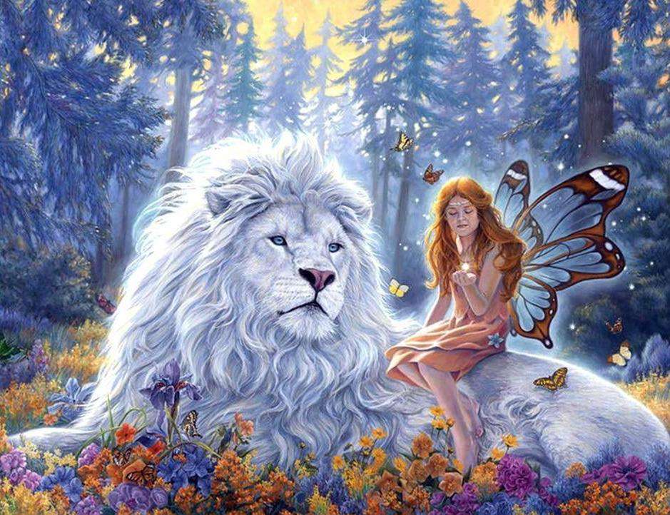 Weißer Löwe mit Fee Diamond Painting im Fantasy-Wald