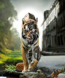 Tiger Roboter Diamond Painting mit mechanischer Gesichtshälfte