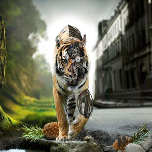 Tiger Roboter Diamond Painting mit mechanischer Gesichtshälfte