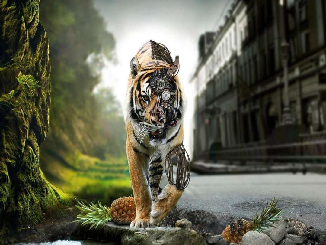 Tiger Roboter Diamond Painting mit mechanischer Gesichtshälfte