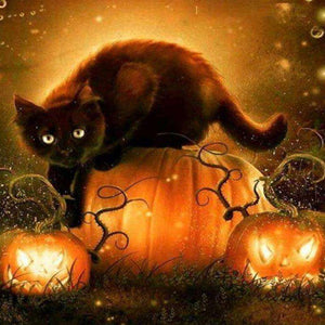 Halloween Katze Diamond Painting mit Kürbissen