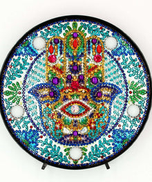 Runde Hamsa Hand Diamond Painting Lampe mit türkisen Steinen