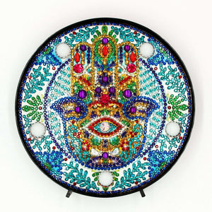 Runde Hamsa Hand Diamond Painting Lampe mit türkisen Steinen