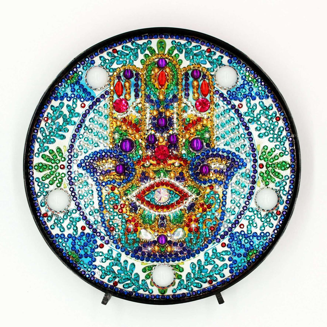 Runde Hamsa Hand Diamond Painting Lampe mit türkisen Steinen