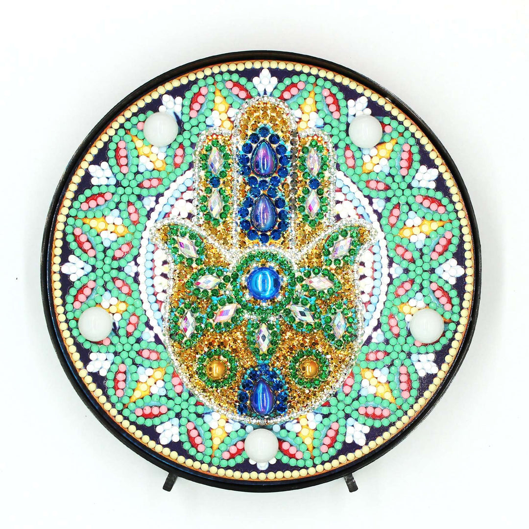 Runde Hamsa Hand Mandala Diamond Painting Lampe mit Gold und Grün