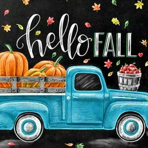 Hello Fall Truck Diamond Painting mit Kürbissen und Herbstlaub